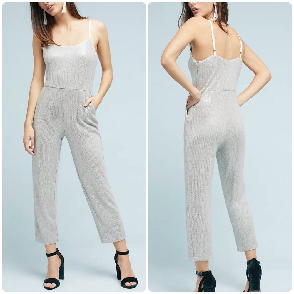Anthropologie ETT:TWA Claudette Sequined Jumpsuit Silver Gray Pockets Size 4